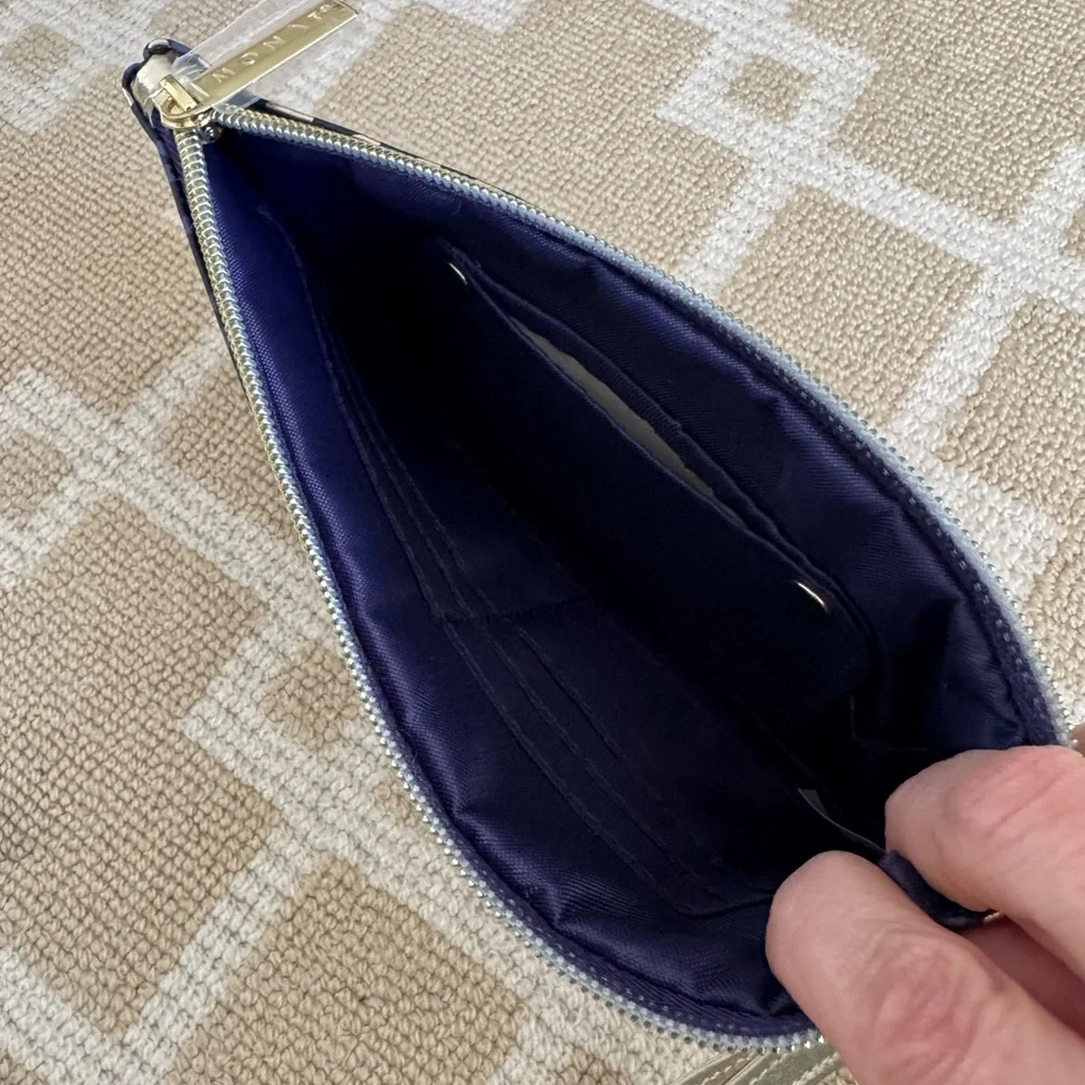 MONAT Wristlet Clutch Bag Navy Metallic Gold Dot Zip Pouch OS